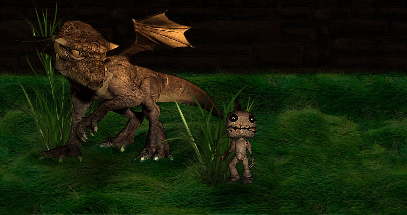 Drachensalat Drache begutachtet Voodoopuppe